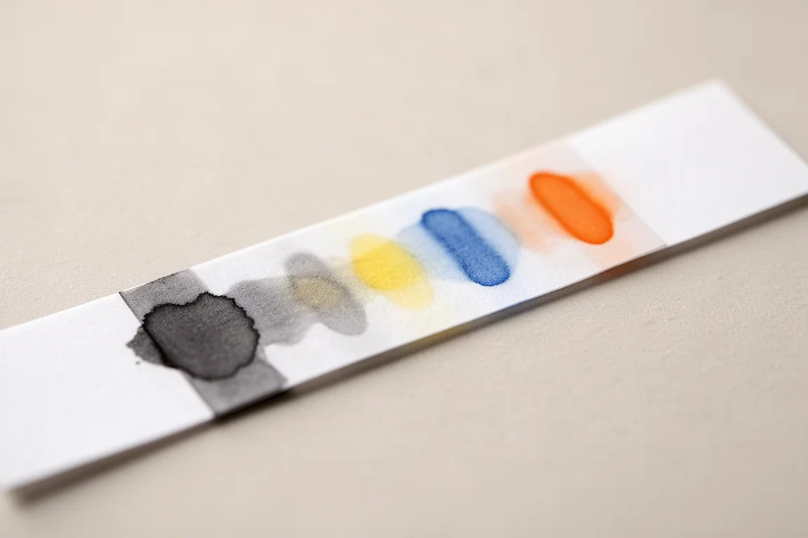 Chromatografiestrook die verborgen gele, blauwe en oranje tonen in grijze inkt onthult