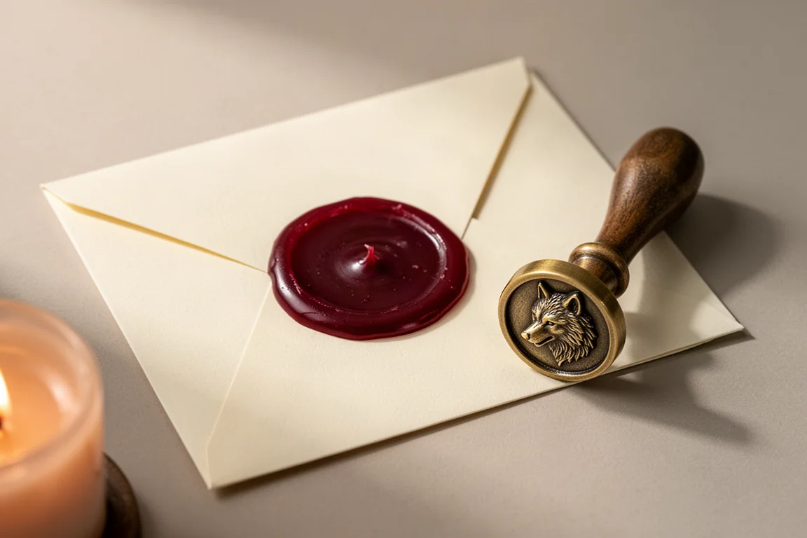 Gesmolten rode lak die met een weerwolvenzegelstempel op geplooid papier wordt aangedrukt
