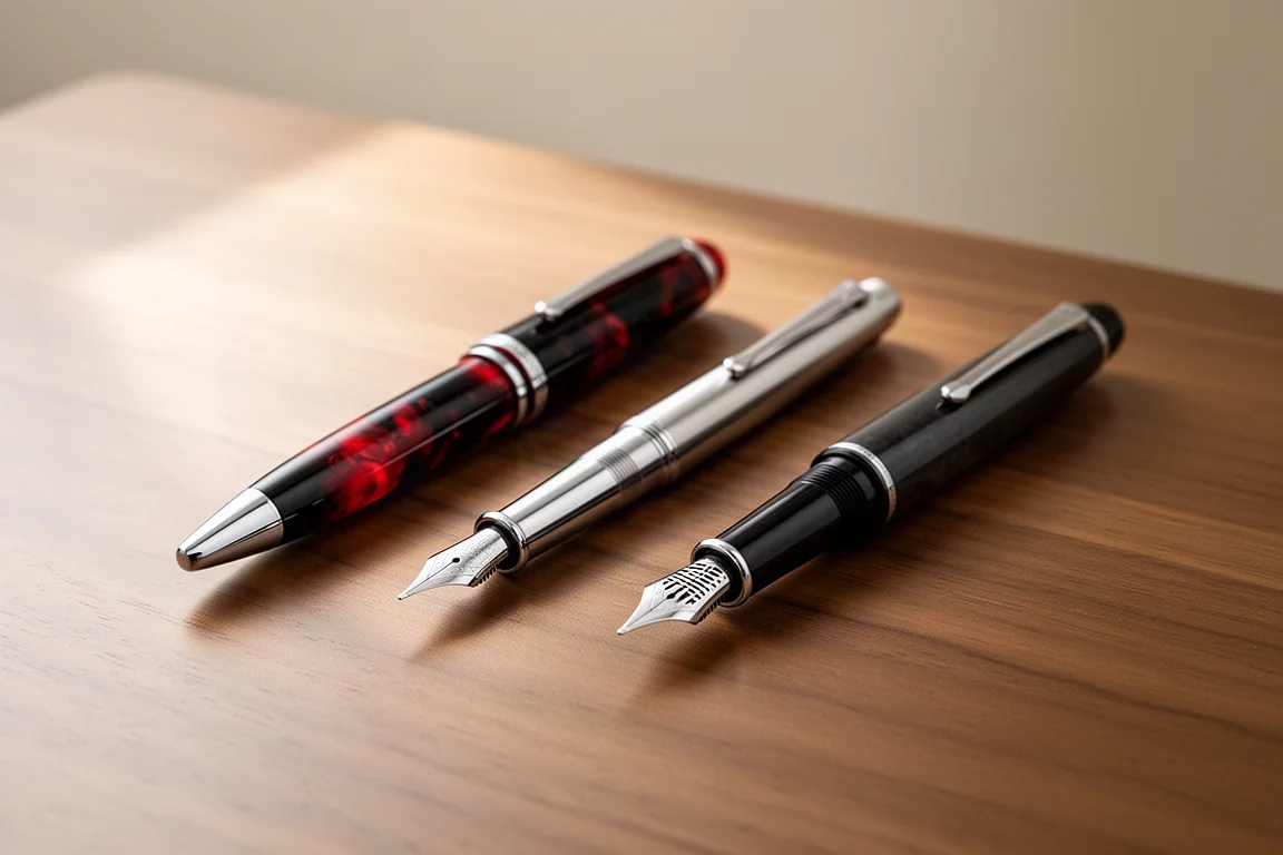 Drie fountain pens op een houten bureau voor een vulpenvergelijking