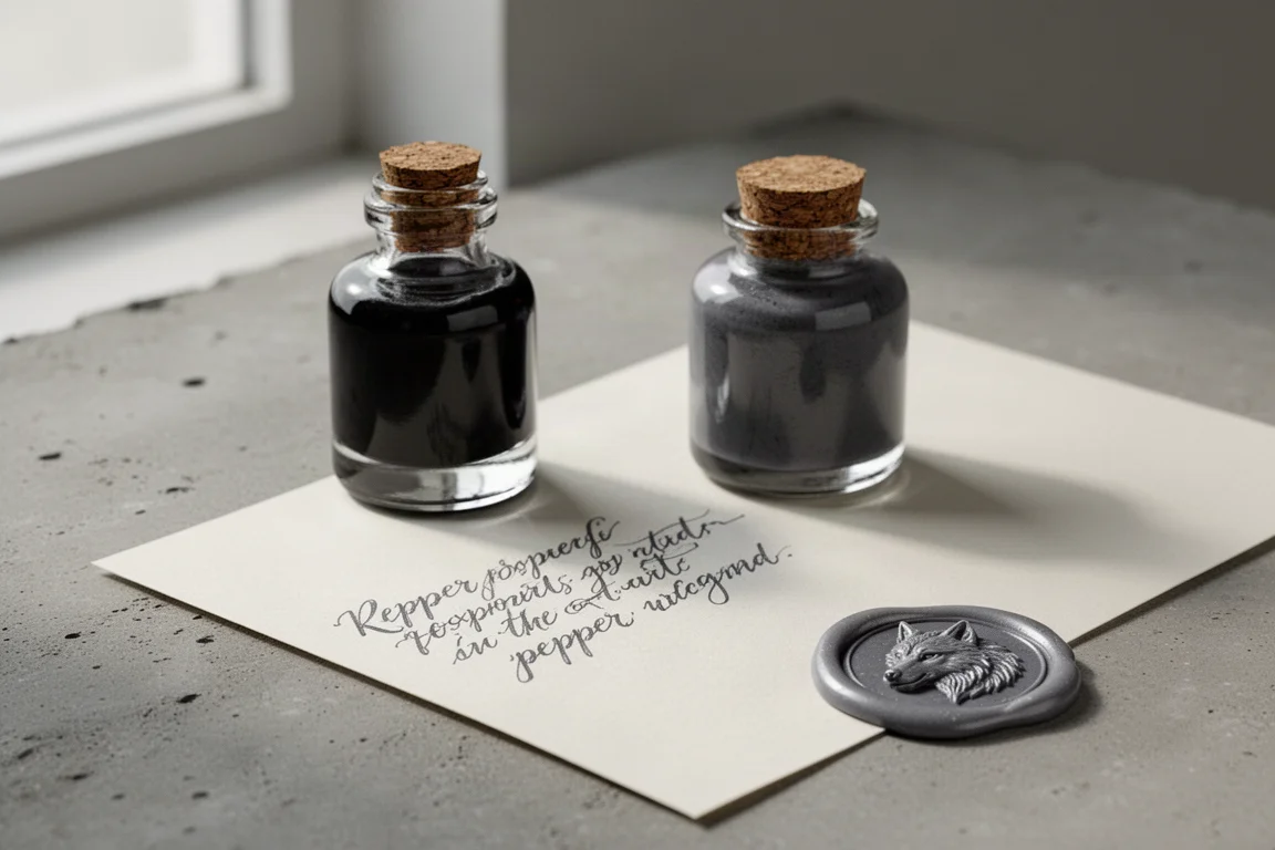 Small bottle of gray fountain pen ink beside a writing sample and wax seal