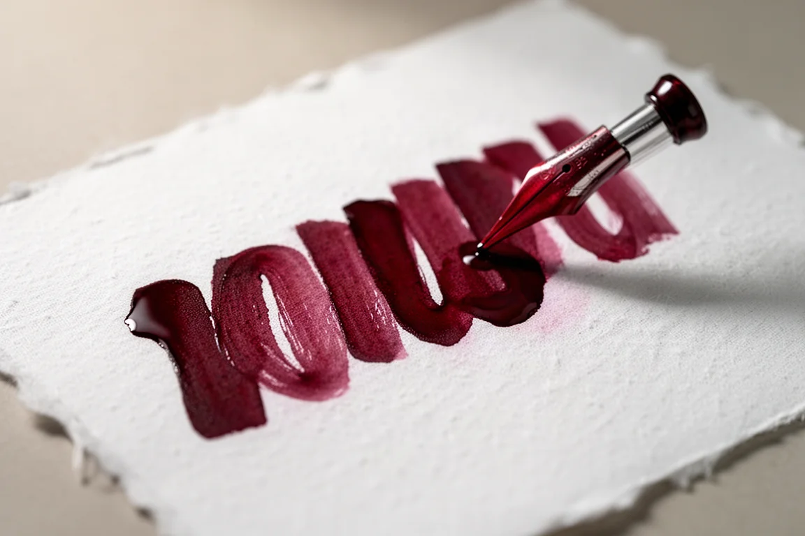 Close-up van rode inkt die droogt op wit papier met zichtbare shading