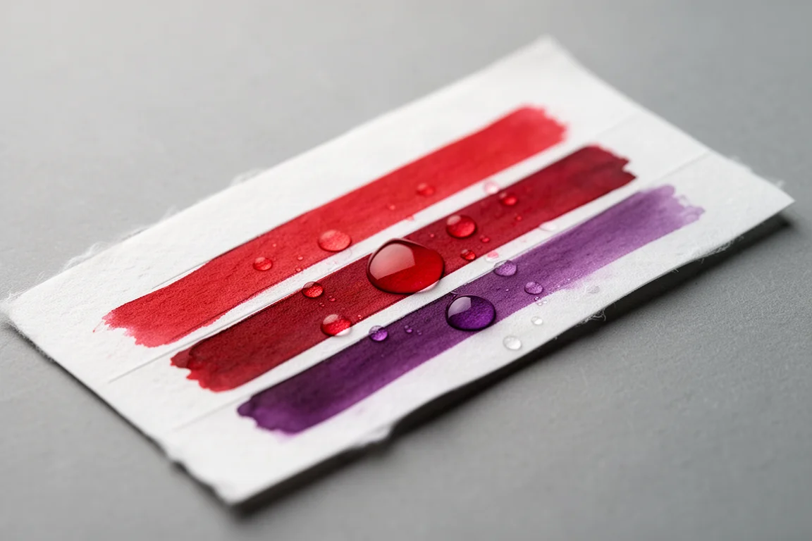 Waterdruppels die parelen op een met inkt beschreven teststrook papier