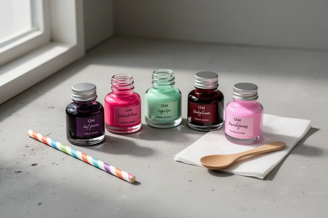 Five small ink bottles in different colors with a napkin, straw and spoon