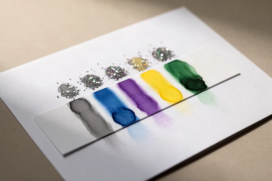 Faixas detalhadas de cromatografia separando pigmentos cinza, azul, amarelo e verde