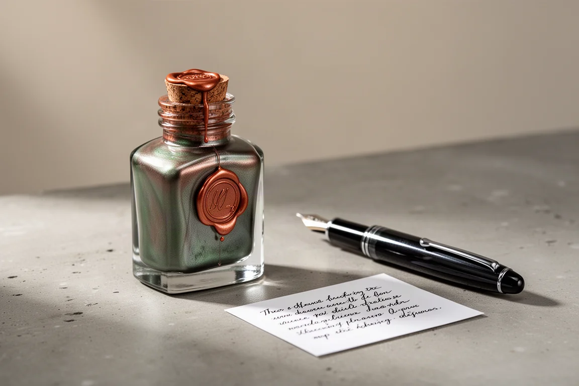 Glass ink bottle with coppery greenish-gray shimmer ink beside a fountain pen and writing sample