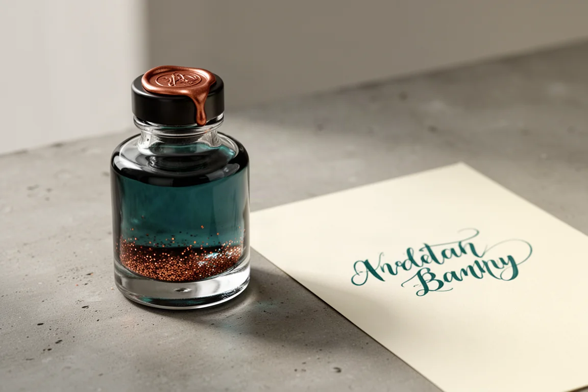 Glass bottle of teal ink with copper shimmer next to a paper writing sample