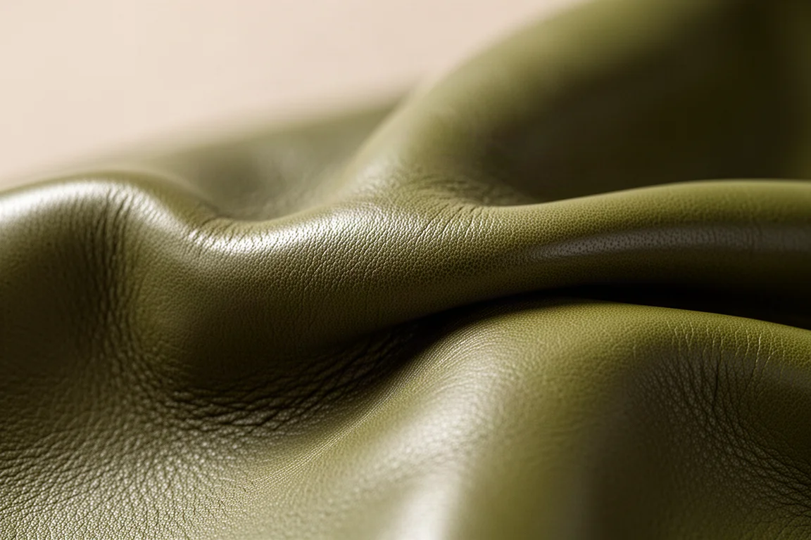 Primo piano della pelle pieno fiore cereata verde oliva che mostra la naturale texture della grana