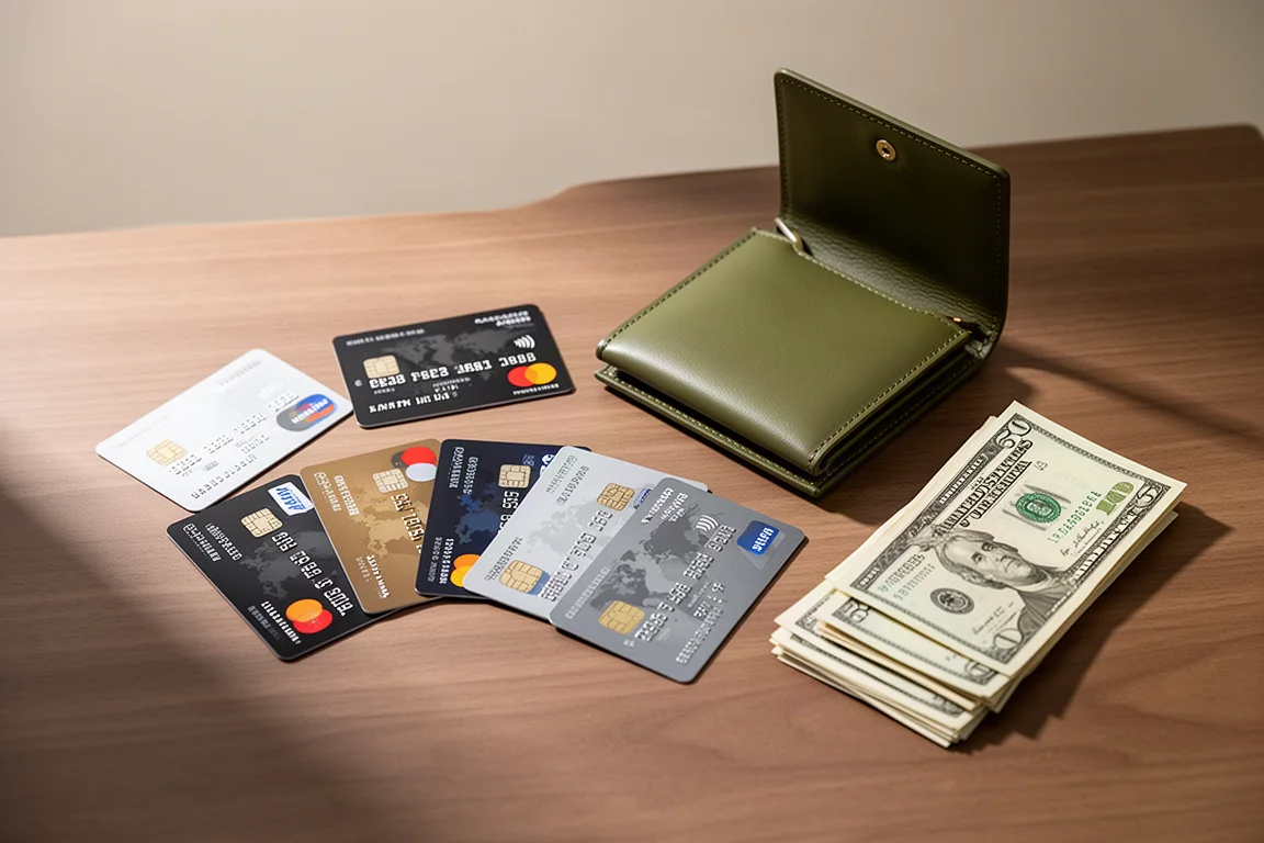 Sette carte di credito disposte a ventaglio accanto a un portafoglio in pelle sottile e piegato