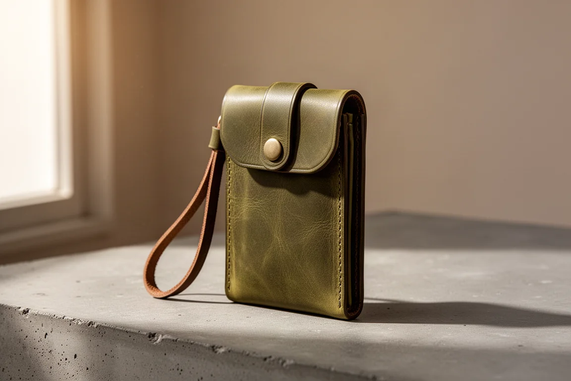 Portafoglio in pelle minimalista verde oliva con patella a scatto e laccio in pelle su cemento