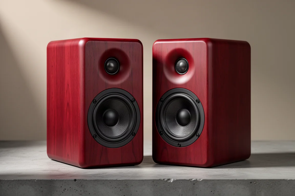 Pair of deep red bookshelf speakers with dome tweeters and mid-bass drivers on concrete