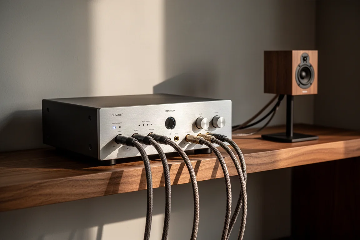 Amplificador estéreo y cables de altavoz en un estante de madera junto a un soporte de altavoz