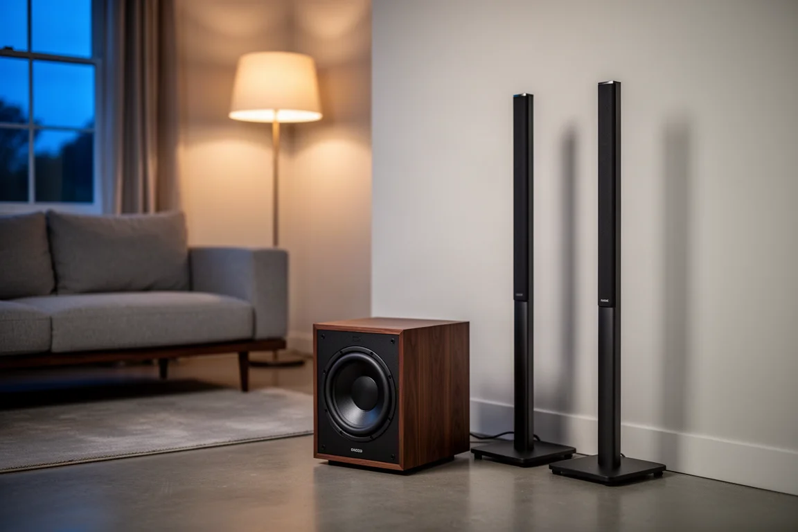 Rincón del salón con un subwoofer y soportes de altavoz bajo la luz del atardecer