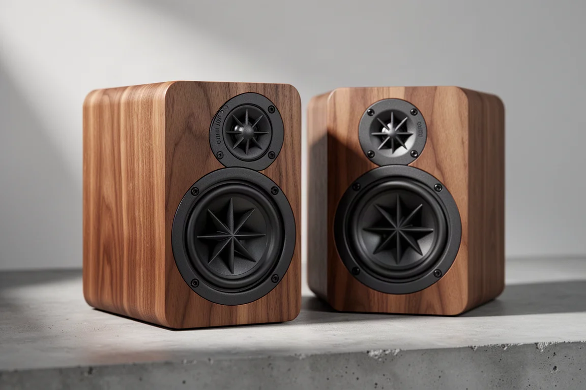 Pair of walnut bookshelf speakers with patterned acoustic lens drivers on concrete