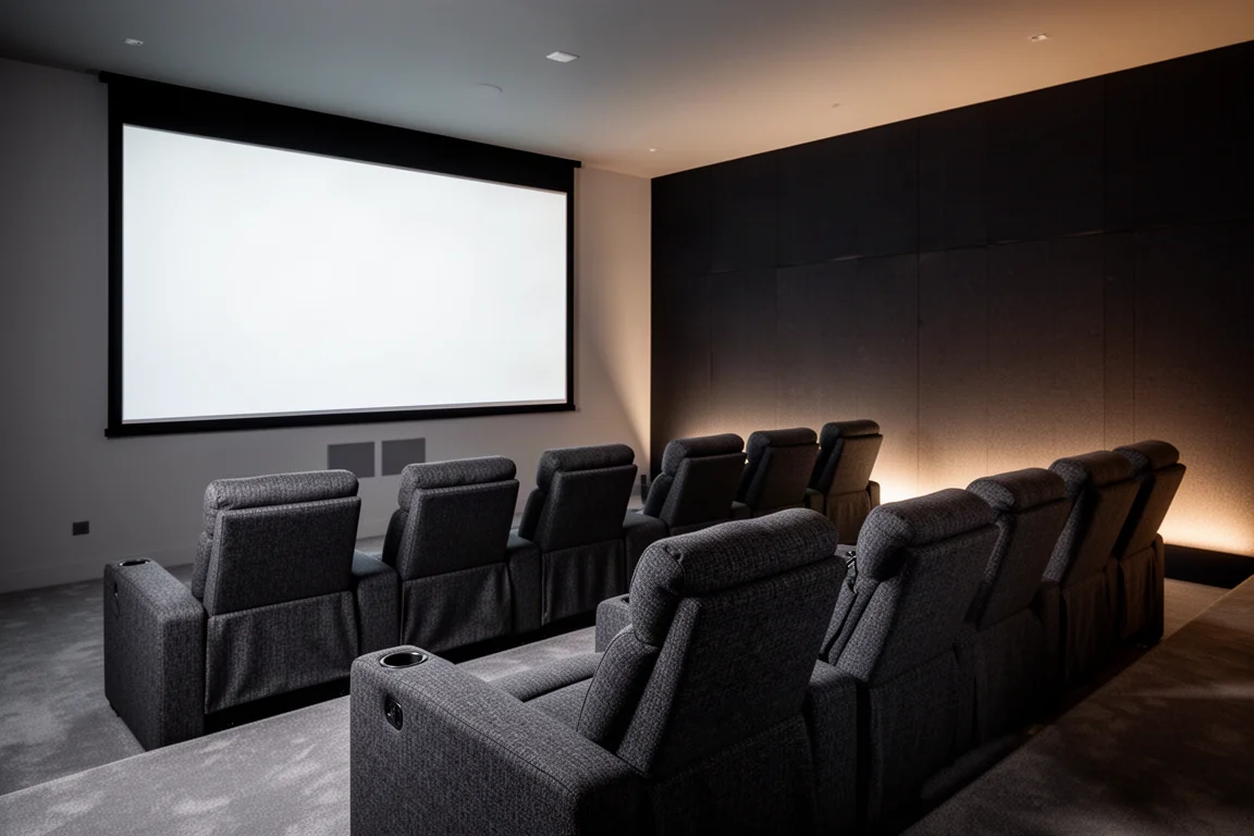Salle de home-cinéma faiblement éclairée avec deux rangées de sièges sombres face à un grand écran