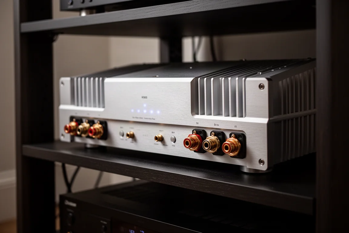 Amplificateur de puissance en aluminium brossé dans un rack de home-cinéma tamisé