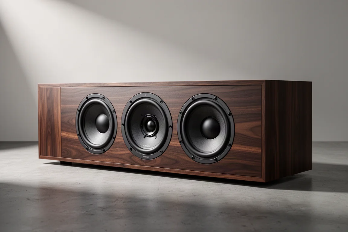 Large dark wood center channel loudspeaker with coaxial driver array on a concrete surface
