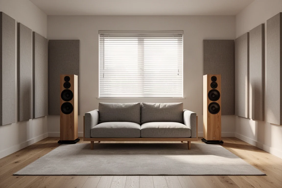 寧靜的聆聽室,設有吸音板、沙發及兩座高大的座地揚聲器