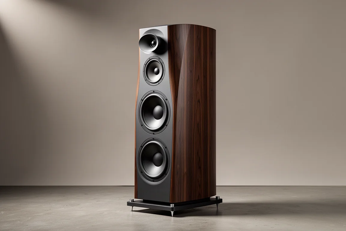 Paradigm Founder Series 120H floorstanding speaker with three bass drivers on a neutral backdrop