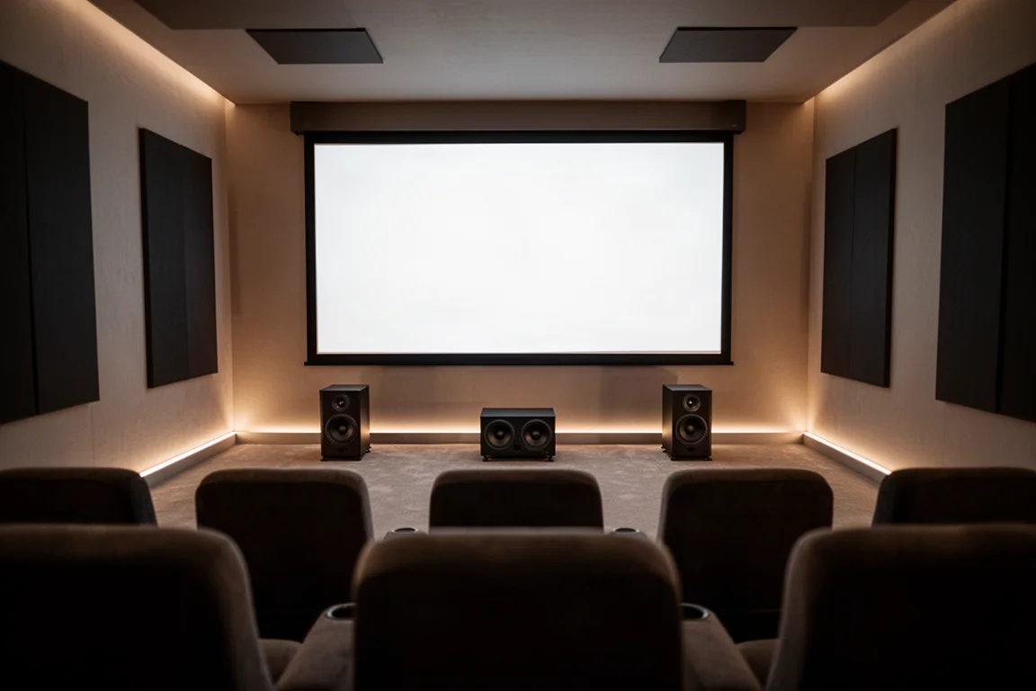 Salle de home cinéma avec trois enceintes identiques sous un grand écran de projection