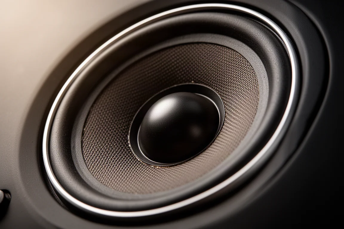 Gros plan sur un tweeter d'enceinte encastré dans le cône d'un haut-parleur medium