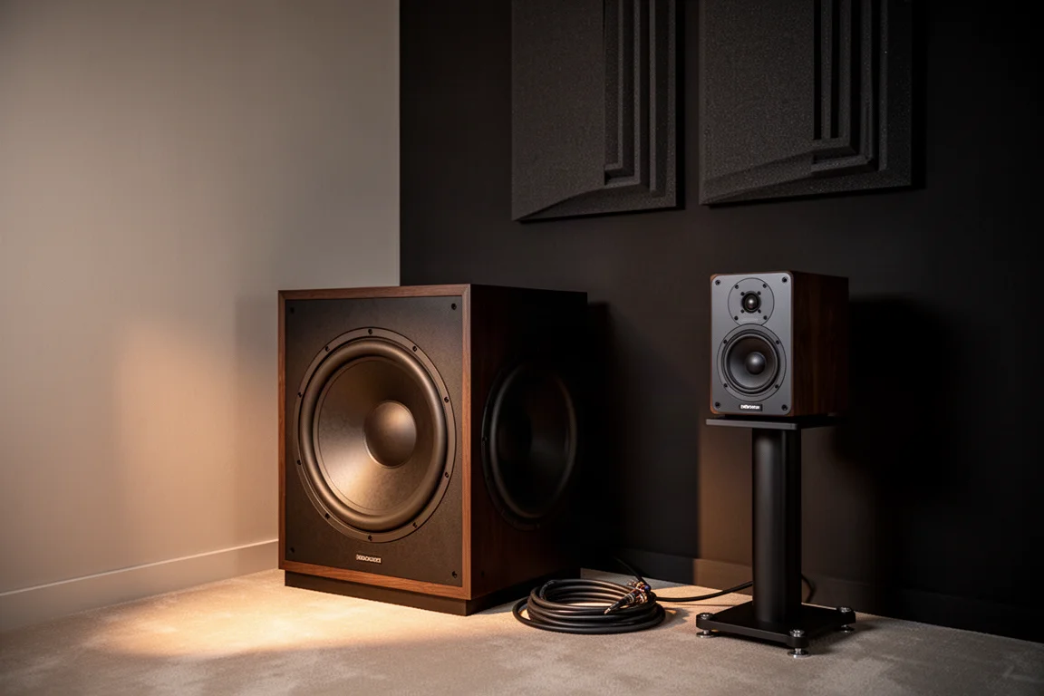 Caisson de basses dans un coin de pièce d'écoute à côté d'une enceinte sur pied