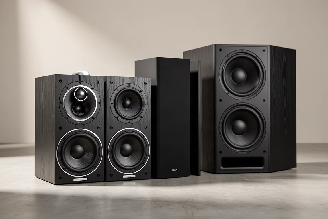 Three home theater LCR speakers arranged on a concrete surface under soft studio light