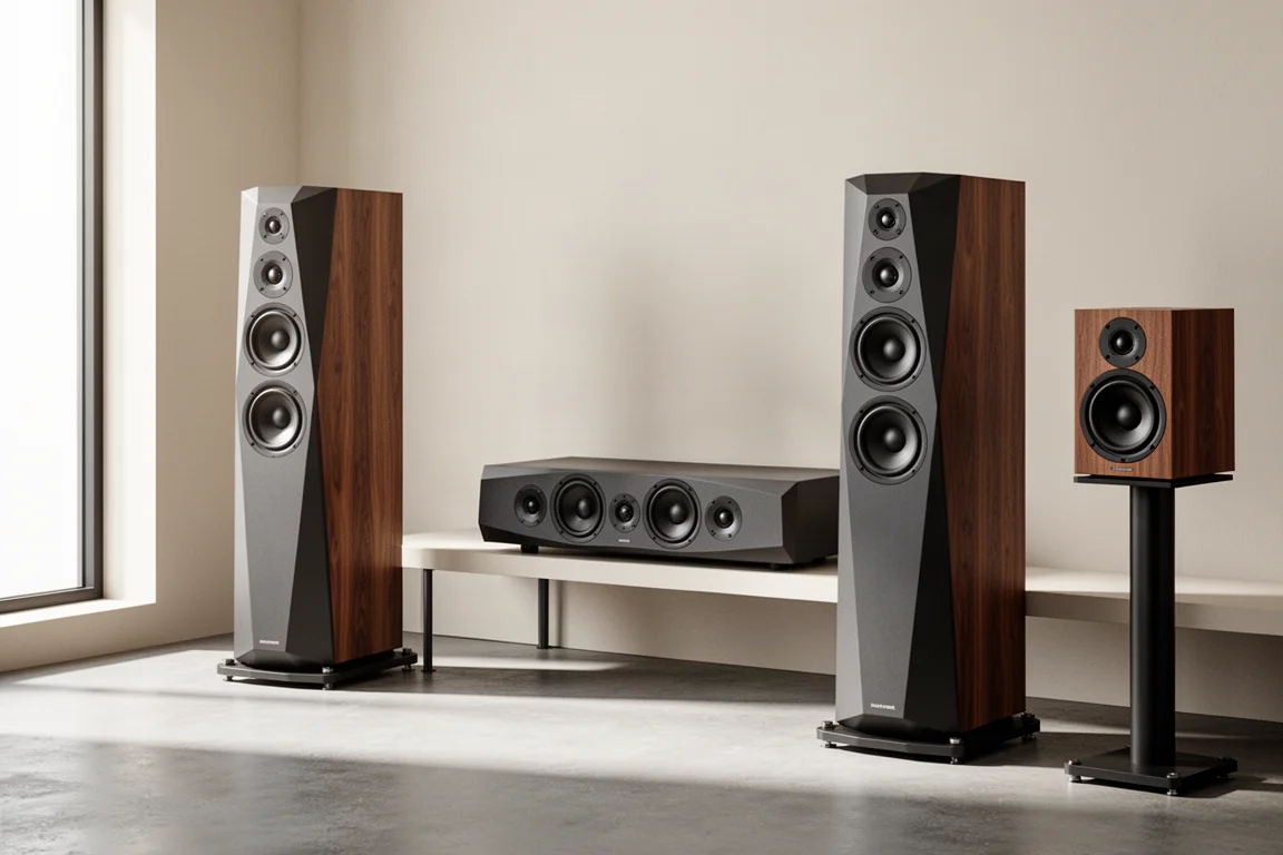 Group of faceted Paradigm Founder speakers arranged in a minimalist listening room