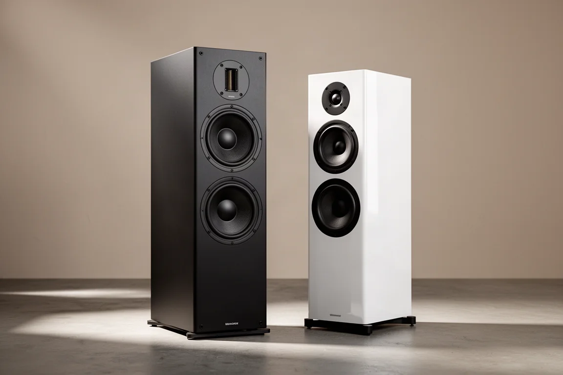 Two Paradigm tower speakers side by side in a minimal listening room