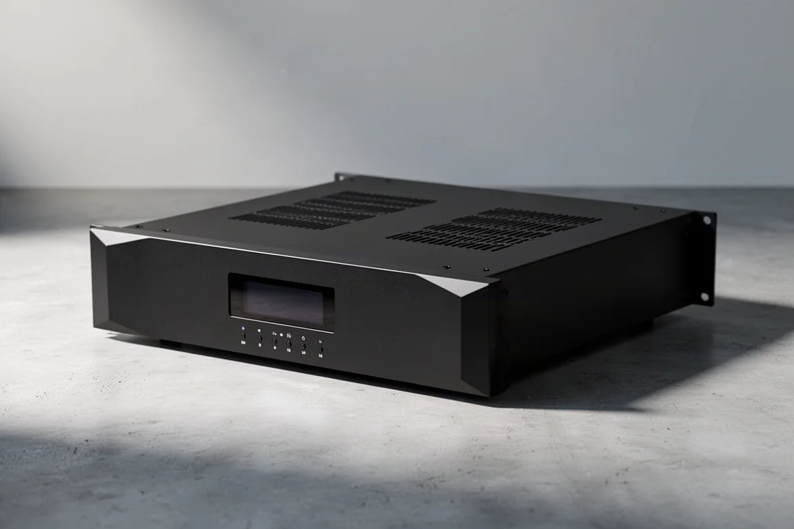 Slim black two-channel power amplifier at a three-quarter angle on a concrete surface