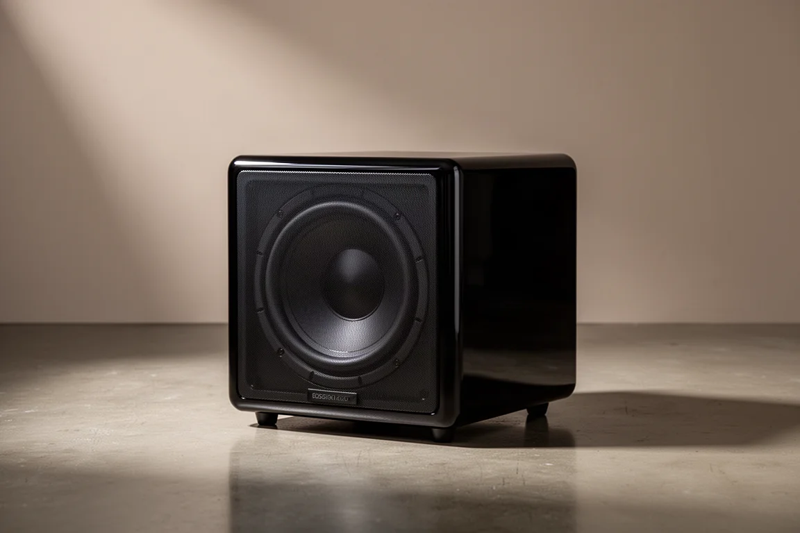 Compact gloss black subwoofer with front-firing driver in a minimal listening room