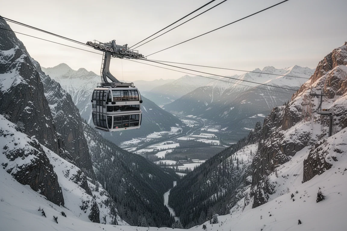 Cabine de téléphérique à double étage franchissant une profonde gorge alpine