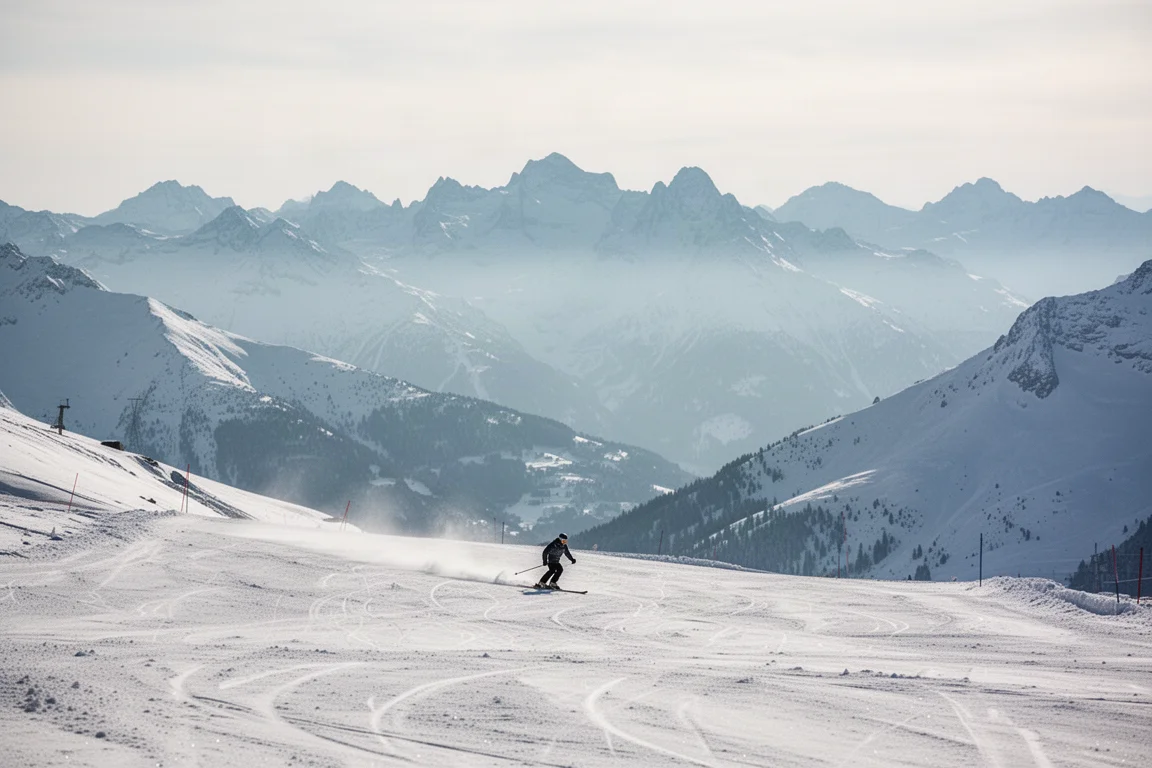 Skieur sur une large piste bleue douce en haute altitude avec vue panoramique