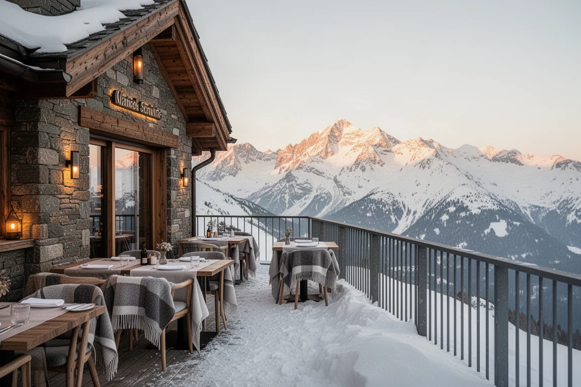Terrasse douillette de restaurant d'altitude avec vue sur les glaciers