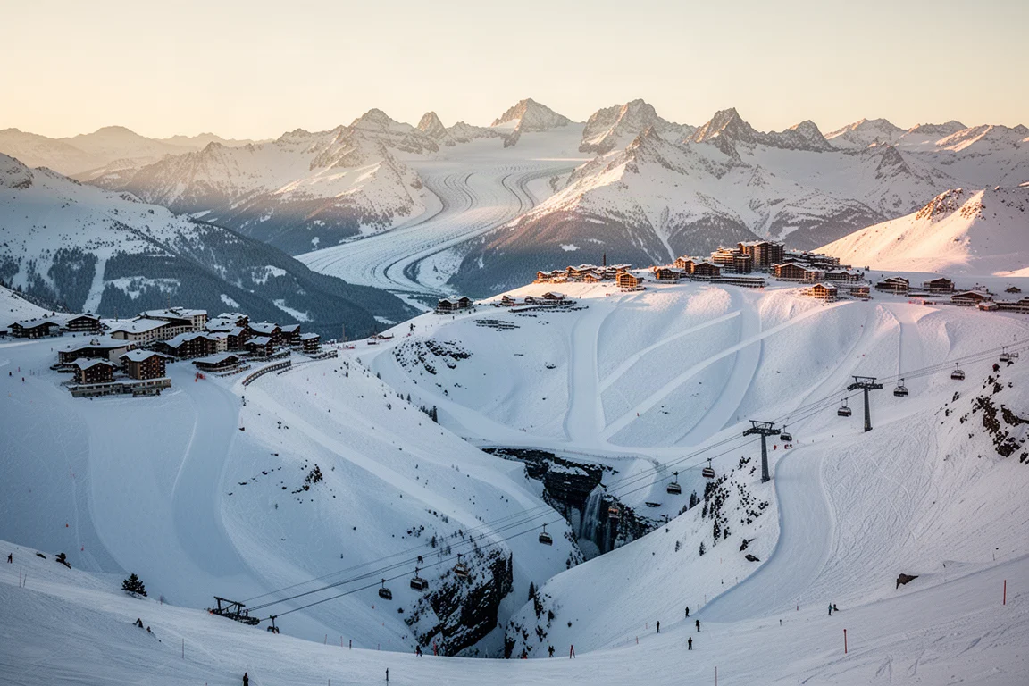 Panoramic view of the Paradiski ski domain with villages, gondola cables, and alpine slopes