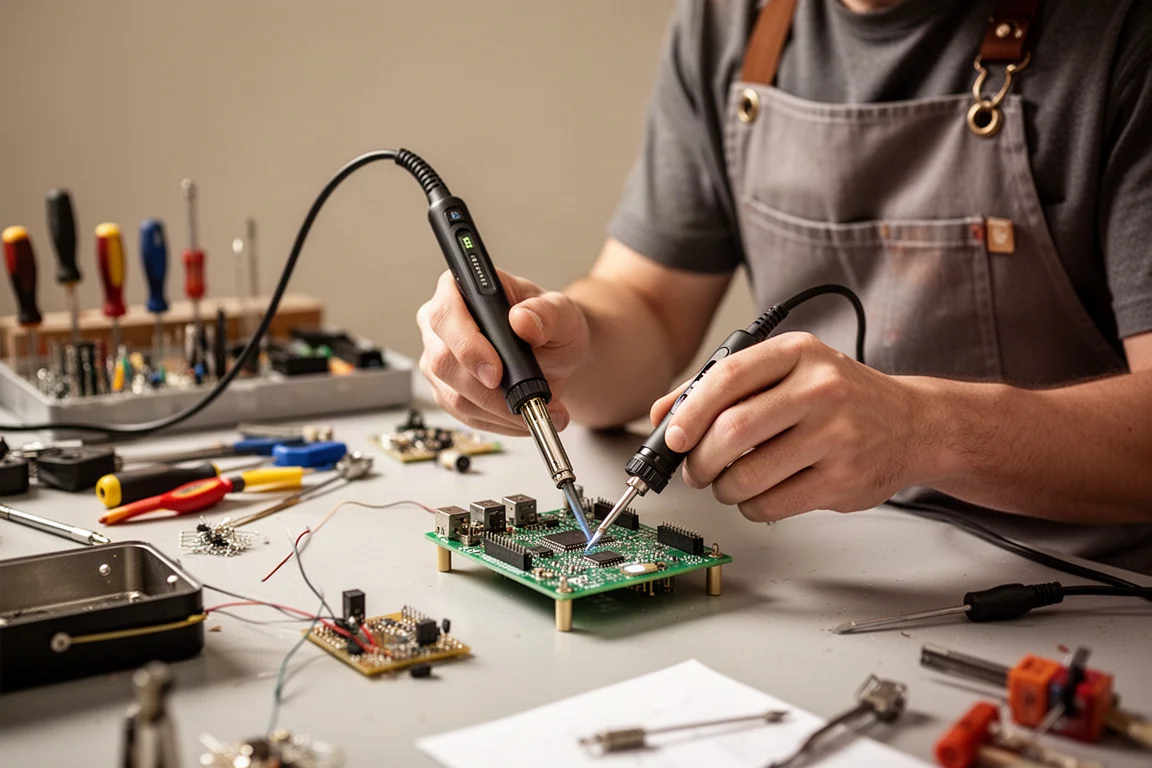Technik lutujący przy stole elektronicznym bez przeszkadzającego przewodu zasilającego