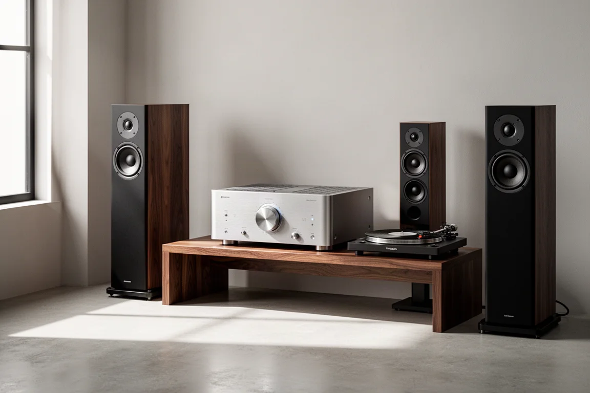 Integrated amplifier on a walnut shelf between two floorstanding speakers and a turntable