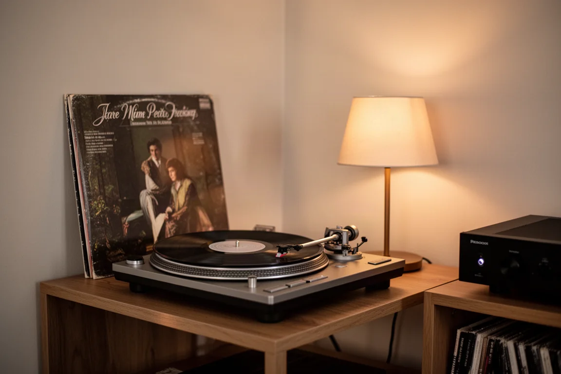 Platenspeler die vinyl afspeelt in een warm verlichte luisterruimte met een slanke versterker op een houten plank