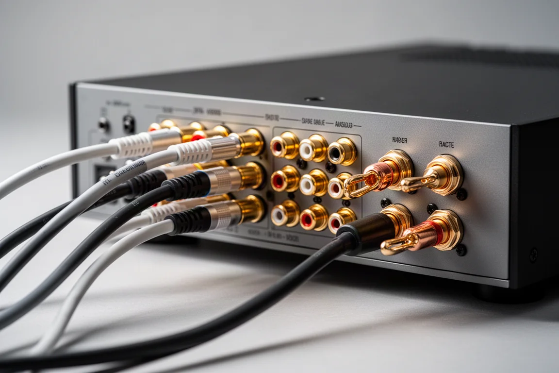 Close-up van luidsprekerklemmen en RCA-aansluitingen met aangesloten kabels achter een hifi-versterker