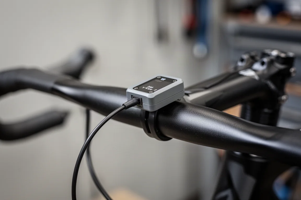Nahaufnahme eines kleinen dreiachsigen Beschleunigungssensors am Ende eines Fahrradlenkers