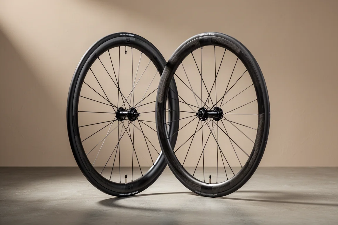 Pair of deep-section carbon spoked racing bicycle wheels standing on a concrete surface