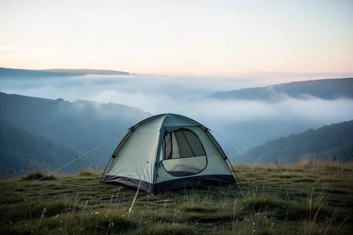 Barraca de backpacking individual montada em uma saliência alpina rochosa ao amanhecer