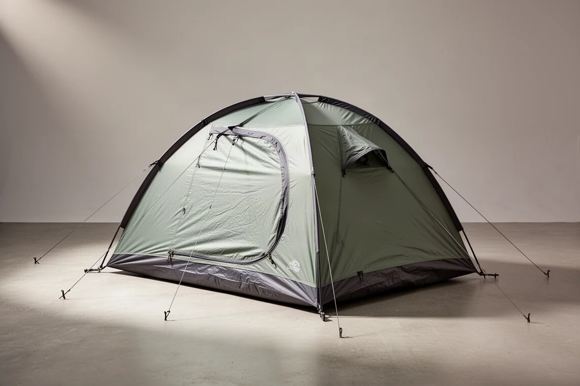 One-person freestanding backpacking tent pitched on a neutral studio backdrop