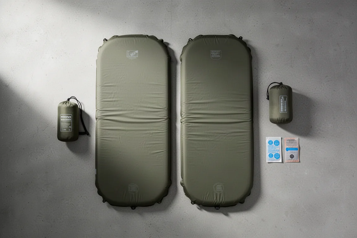 펌프 색과 수리 키트와 함께 나란히 비교한 슬리핑 패드 두 개