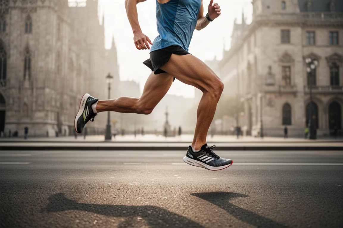 Maratoneta in gara su un ampio viale cittadino durante una corsa internazionale