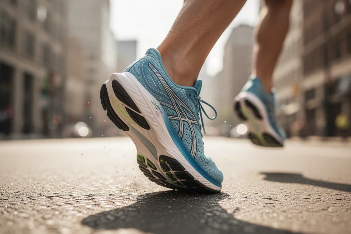 Dettaglio dell'appoggio dell'avampiede di un runner sull'asfalto con una scarpa da gara leggera