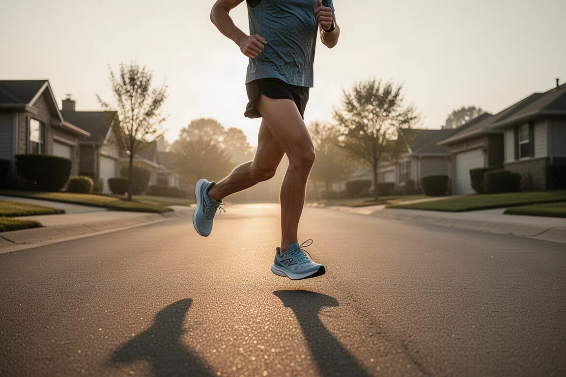 Runner che conclude un allenamento su strade silenziose di periferia all'alba