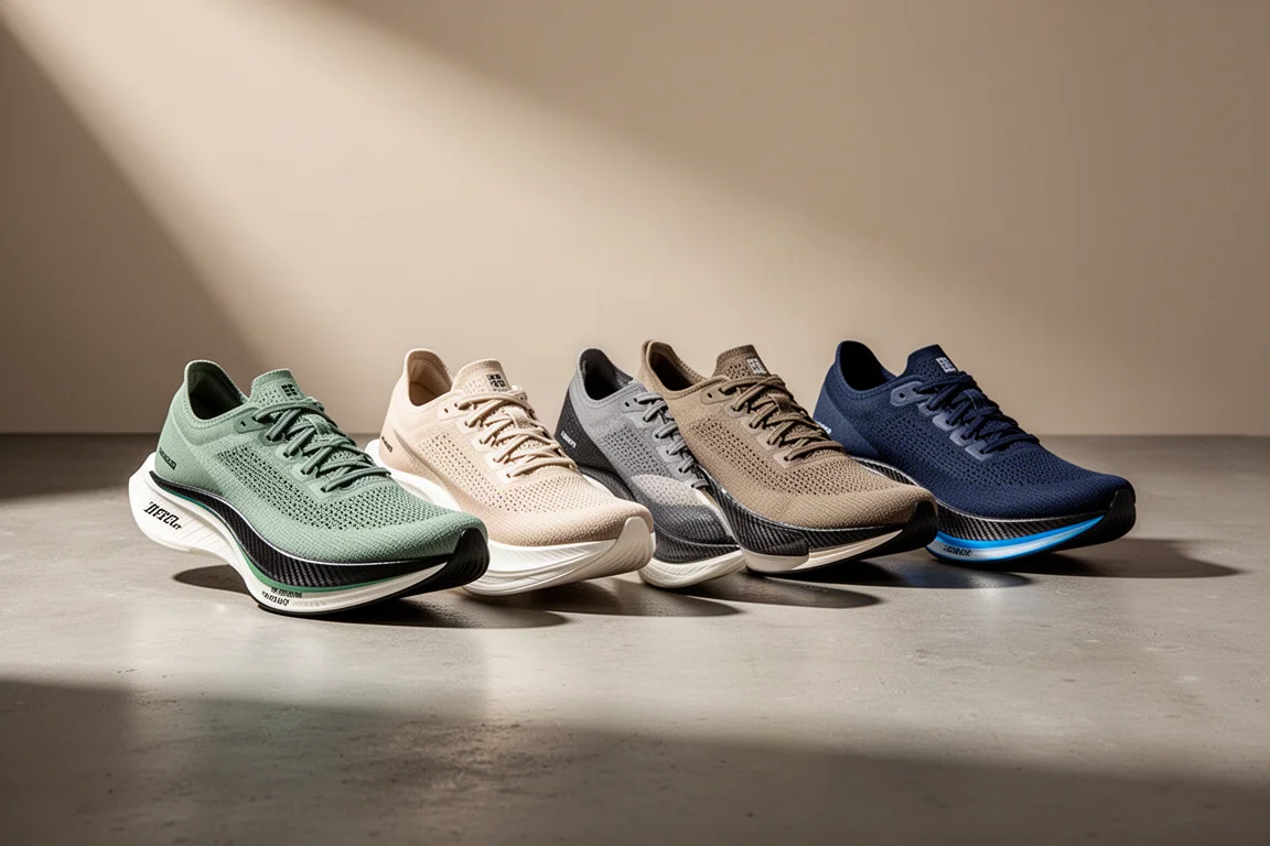Five carbon-plated marathon racing shoes arranged in a row on concrete