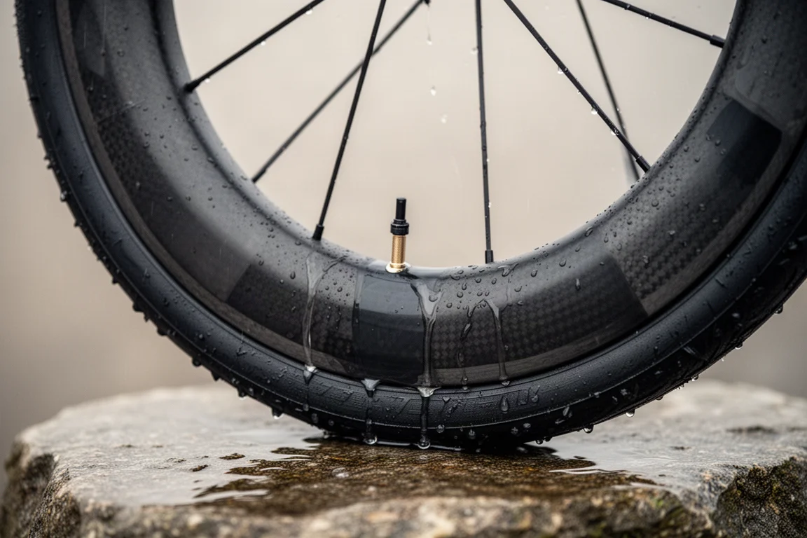 Pneu de estrada tubeless largo assentado em aro de carbono profundo com gotas de água