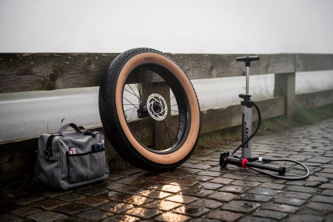 Roda sobressalente com pneu tubeless de flanco bege apoiada em barreira de madeira