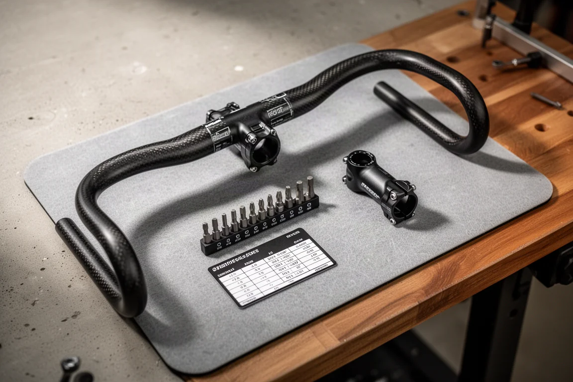 Bicycle workbench scene with carbon handlebar, stem, and hex bits laid out on a mat